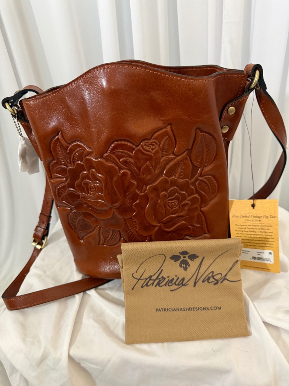 NWT Patricia Nash Lavello Rose Tooled Vintage Veg Tan Leather Bag